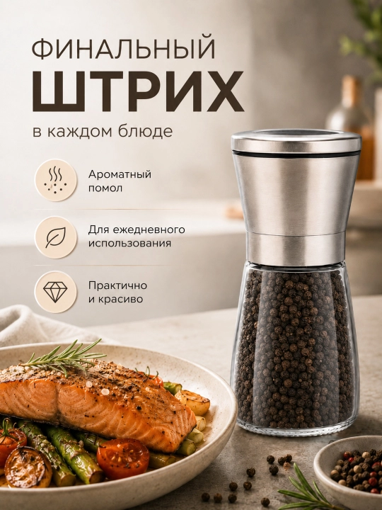 Мельница ручная для соли и перца, стекло, керамические жернова