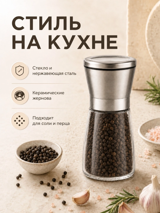 Мельница ручная для соли и перца, стекло, керамические жернова