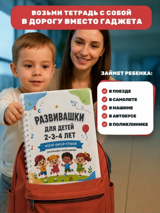 Развивающий активити блокнот «Пиши и стирай», 21 заданий, 2-3-4 лет, маркер в комплекте