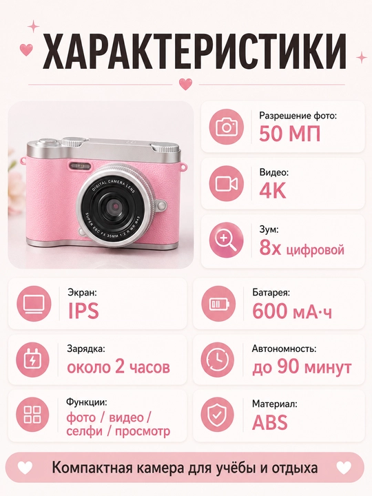 Raqamli retro fotoapparat, ixcham kamera, 128 GB xotira kartasi bilan