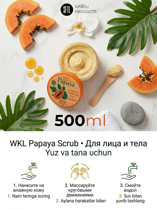 Terini ochartiruvchi papayya ekstrakti bilan boyitilgan yuz va tana uchun skrab, 450g