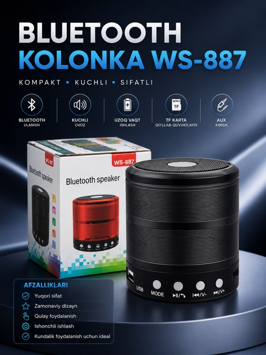 Портативная Bluetooth колонка WS-887 с FM, USB, TF, AUX беспроводной динамик - 