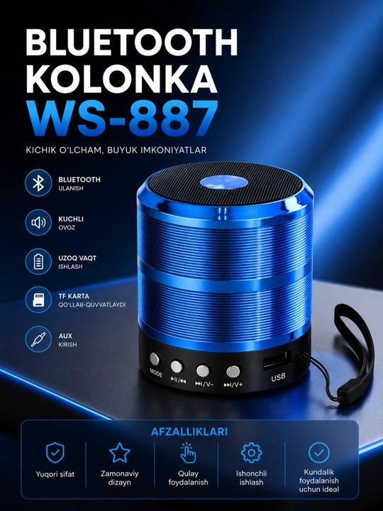 Портативная Bluetooth колонка WS-887 с FM, USB, TF, AUX беспроводной динамик - 