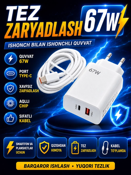 Быстрое зарядное устройство 67 Вт с кабелем, для Samsung, Xiaomi, Redmi