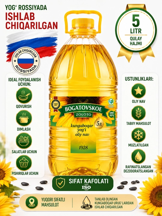 Масло подсолнечное Богатовское Золото, 5 л,высший сорт, рафинированное, без запаха