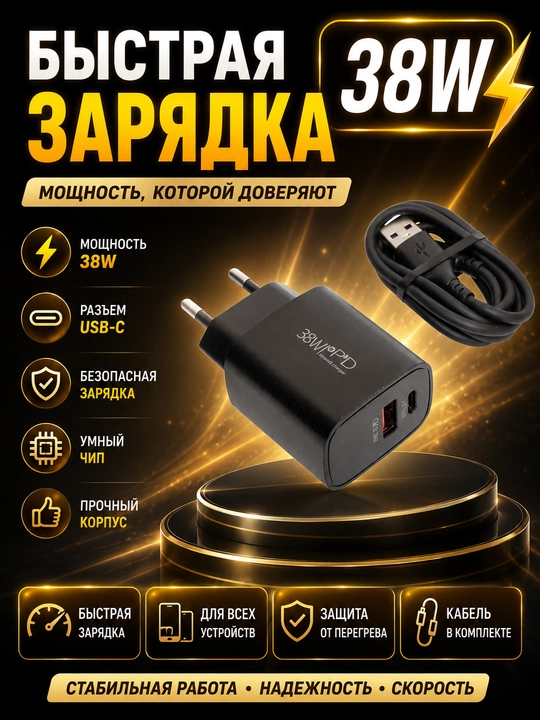 Быстрое зарядное устройство 38Вт с кабелем, для Samsung, Xiaomi, Redmi - 