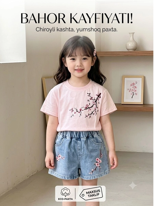 Qizlar uchun yozgi kostyum pushti futbolka va jinsi shortik gulli paxta
