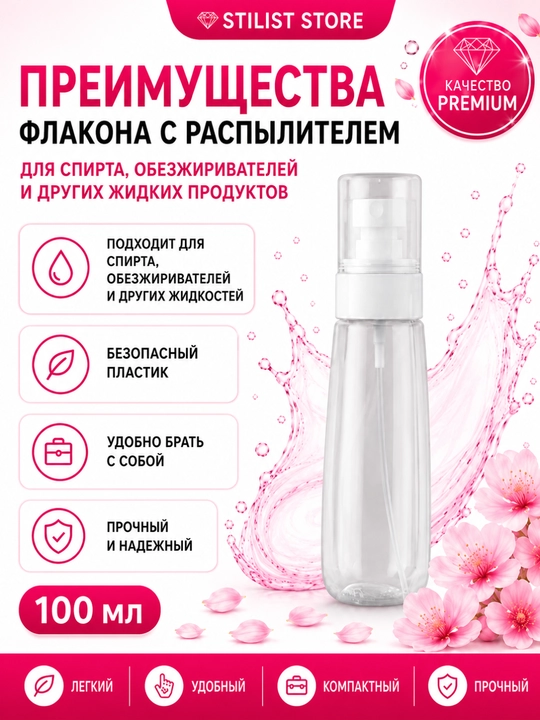 Suv idish  flakon-sprey 60/100 ml, kosmetika va soch uchun vositalar uchun purkagichli