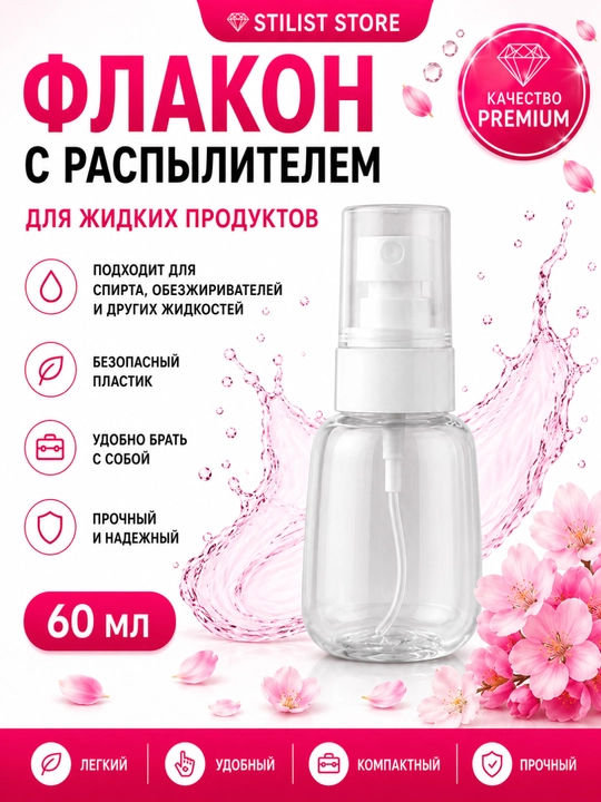 Suv idish  flakon-sprey 60/100 ml, kosmetika va soch uchun vositalar uchun purkagichli