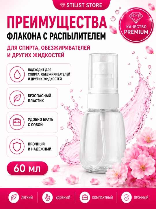 Suv idish  flakon-sprey 60/100 ml, kosmetika va soch uchun vositalar uchun purkagichli