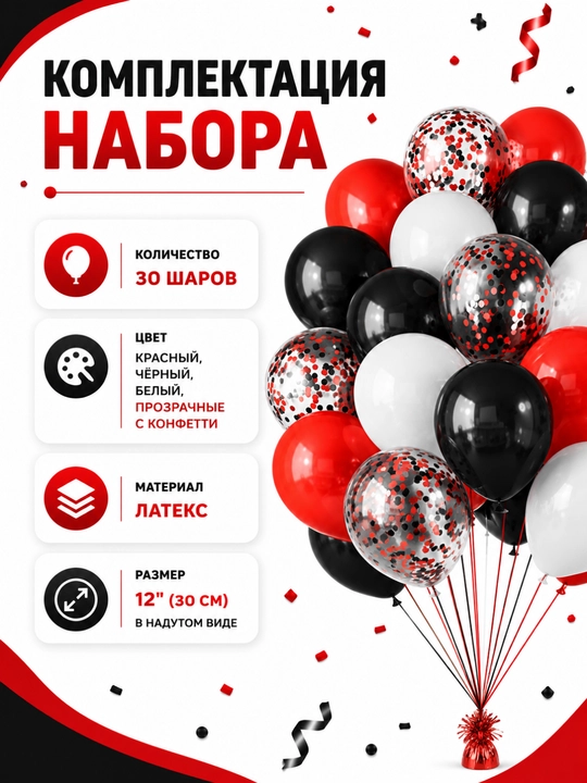 Набор воздушных шаров для праздника, 30 шт, латекс, с конфетти