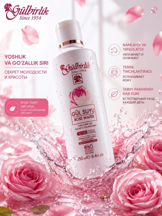 Atirgul suvi, yuz uchun tabiiy gidrolat va tonik, 250 ml