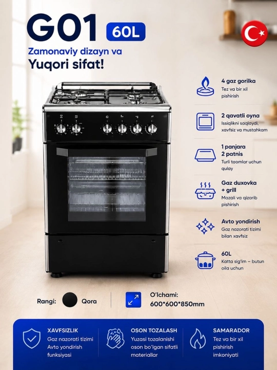 Gaz plitasi G01 / G04 60L — zamonaviy dizayn, ishonchli ishlash va qulay foydalanish - 