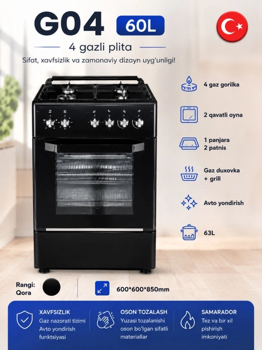 Gaz plitasi G01 / G04 60L — zamonaviy dizayn, ishonchli ishlash va qulay foydalanish - 