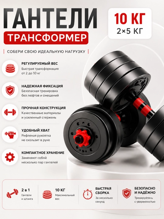 Разборные гантели 10–30 кг, трансформер 2 в 1, набор гантелей со штангой для дома и зала