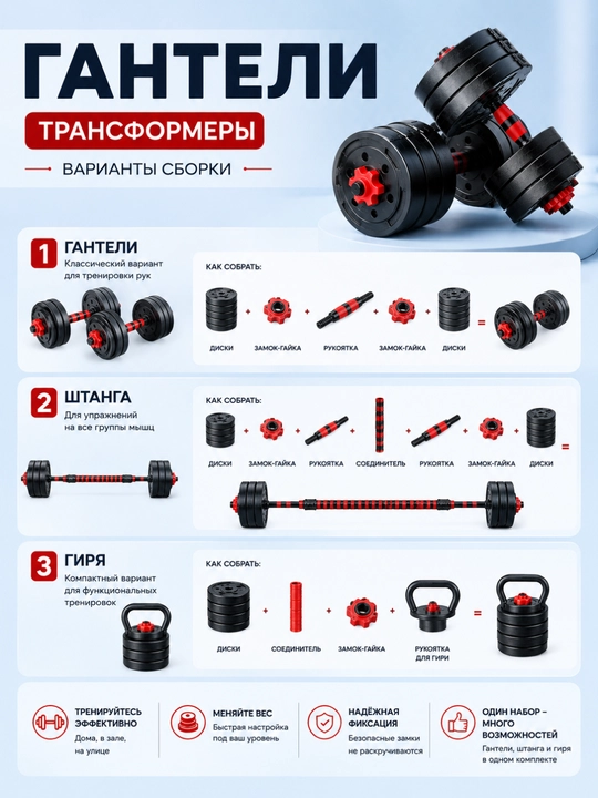 Разборные гантели 10–30 кг, трансформер 2 в 1, набор гантелей со штангой для дома и зала