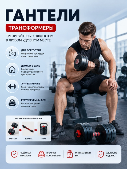 Разборные гантели 10–30 кг, трансформер 2 в 1, набор гантелей со штангой для дома и зала
