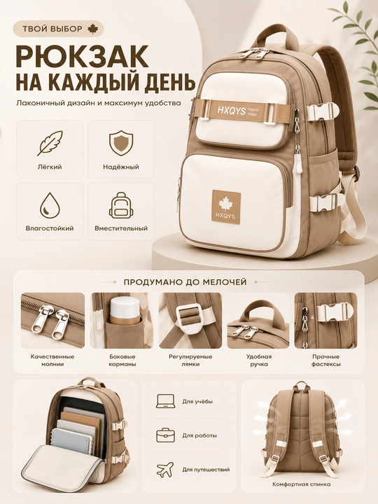 Стильный школьный рюкзак с мягкой спинкой и вместительными отделениями - 