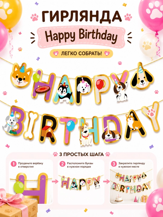 Гирлянда Happy Birthday с коронами, бумажное украшение на день рождения