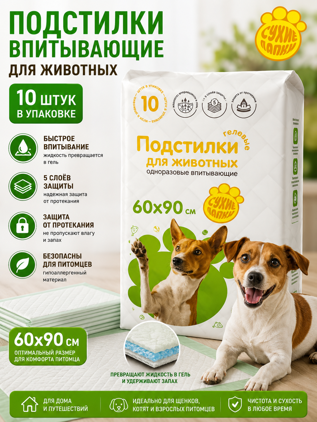 Quruq panjalar uchun gelli uy hayvonlari prokladkalari 60x90 (10 dona) - 