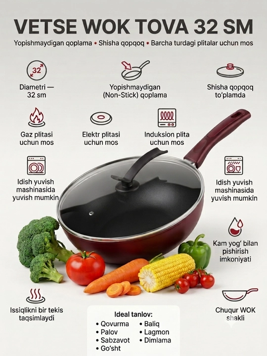 Qopqoqli wok tova 32 sm, yopishmaydigan tova, wok skovoroda, induksiya uchun tova - 