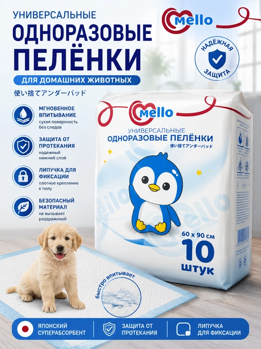 Mello 60X90 it va mushuklar uchun bir martalik yo‘rgaklar (10 dona)  - 