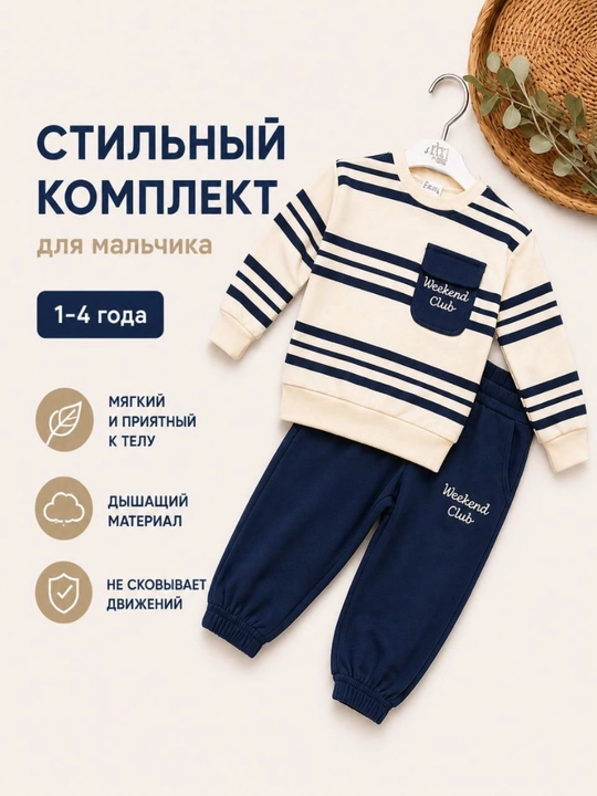 O‘g‘il bolalar uchun sport kostyumi, bahor-kuz, trikotaj paxta, kofta va shim, 1–4 yosh