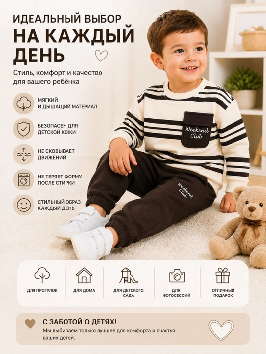 O‘g‘il bolalar uchun sport kostyumi, bahor-kuz, trikotaj paxta, kofta va shim, 1–4 yosh
