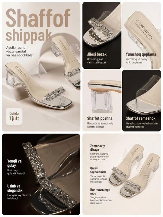 Ayollar uchun poshnali shaffof shippak, toshli yozgi sandal va bosonojkalar