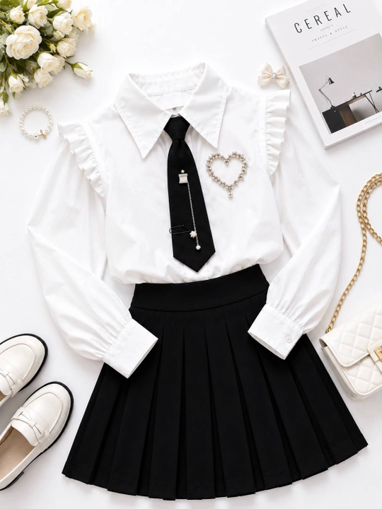 Белая школьная блузка для девочки, с галстуком и брошью, премиум качество