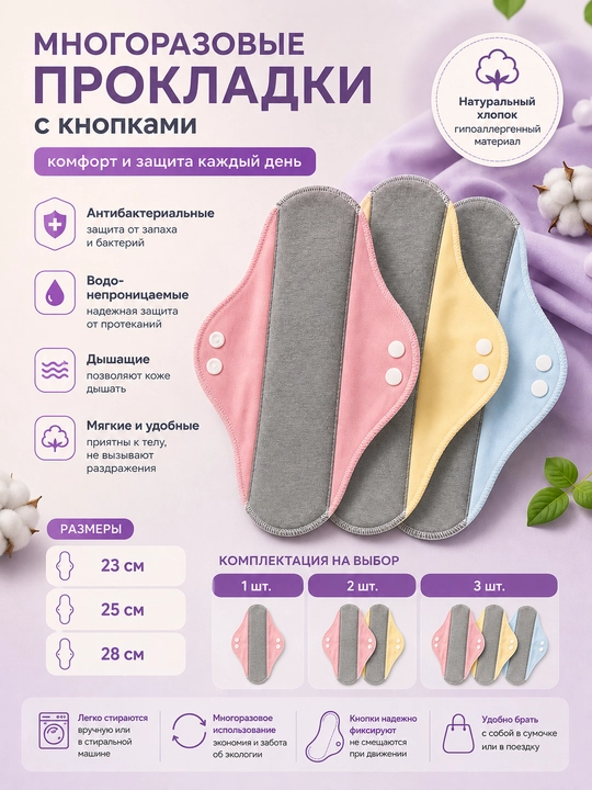Ayollar uchun qayta foydalaniladigan gigiyenik prokladka, 23 sm / 25 sm / 28 sm - 