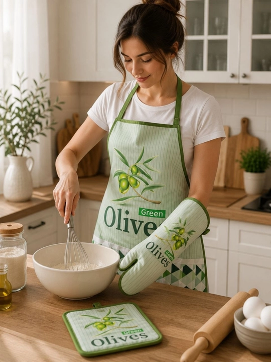 Green Olives — Кухонный набор (3 предмета), комплектация: фартук, подставка и прихватка - 