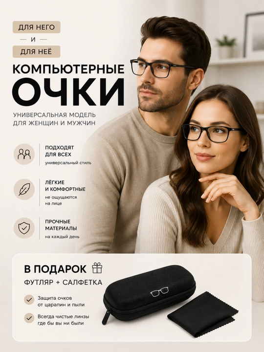 Компьютерные очки в чёрной оправе, лёгкие и универсальные