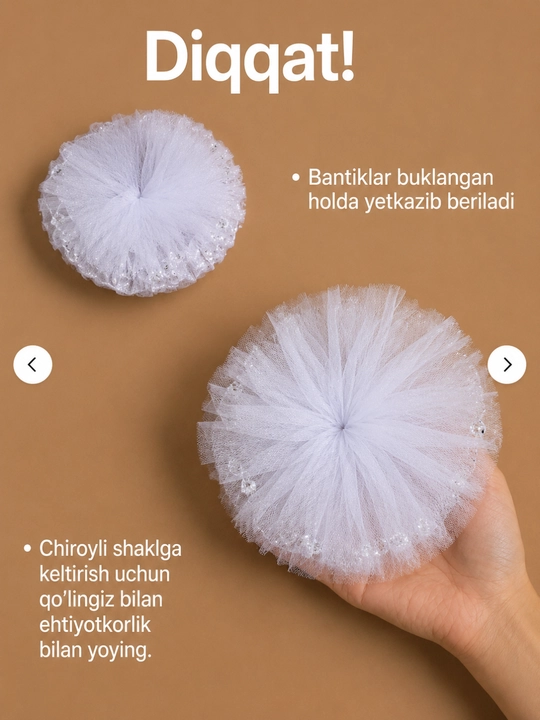Oq organza bantik rezinka, qizlar uchun hajmli soch bezagi, 2 dona - 