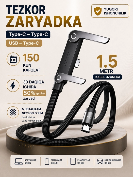 Кабель для быстрой зарядки, USB Type-C to Type-C Cable, 240W, 65W, 1.5 m - 
