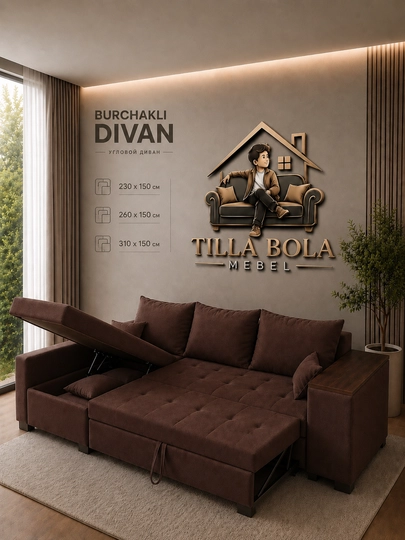 Burchakdagi divan, yig‘iladigan, saqlash qutisi bilan