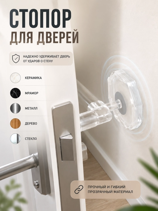 Силиконовый ограничитель для дверной ручки прозрачный, амортизатор от ударов, 1 шт