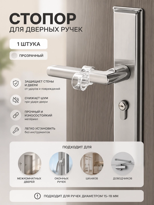 Силиконовый ограничитель для дверной ручки прозрачный, амортизатор от ударов, 1 шт