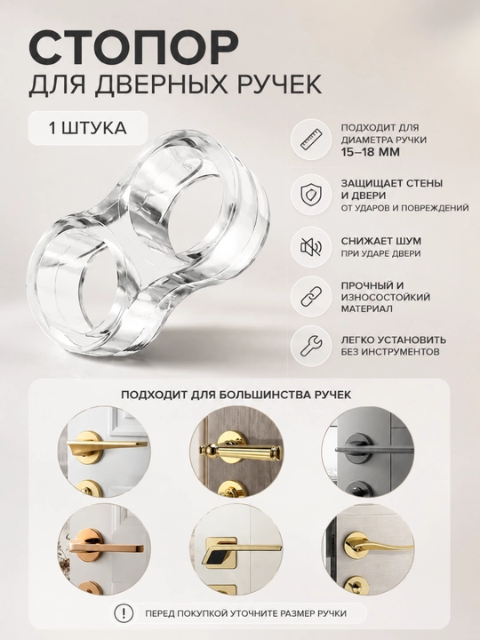 Силиконовый ограничитель для дверной ручки прозрачный, амортизатор от ударов, 1 шт