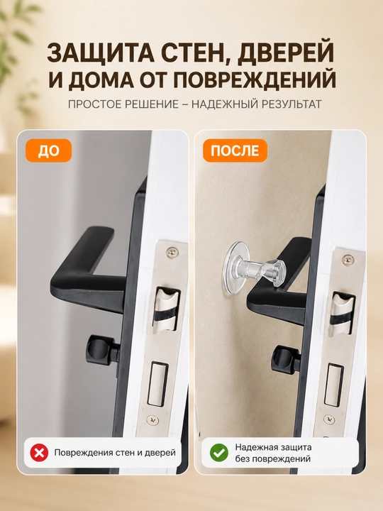 Защитный стоппер для дверной ручки прозрачный силиконовый, защита стены, комплект 1 шт