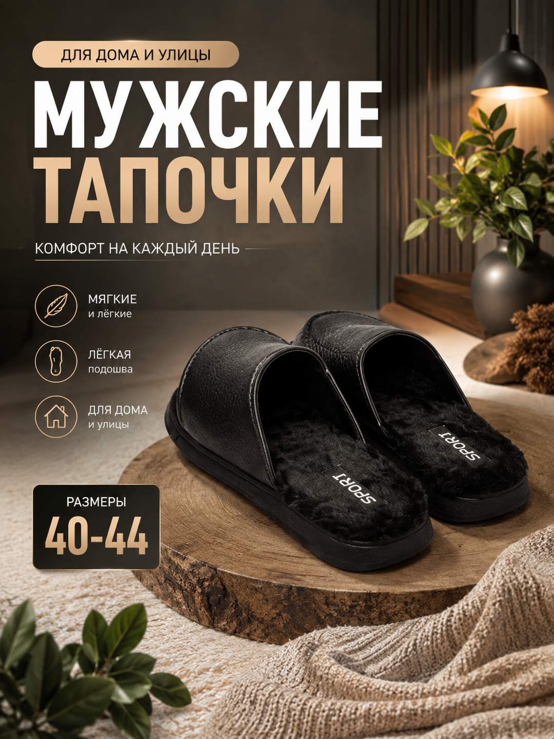 Erkaklar shippagi, eko charm, uyda va ko‘chada kiyish uchun