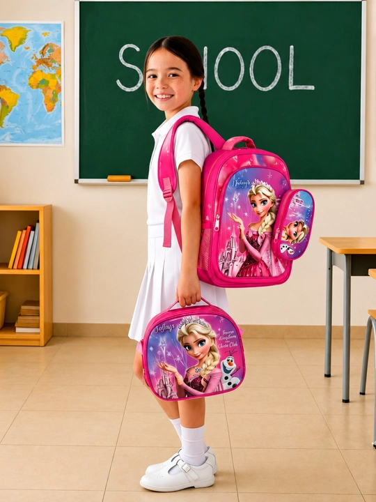 Qizlar uchun maktab ryukzagi to‘plami, malika tasvirli, sumkacha va penal bilan, rangli