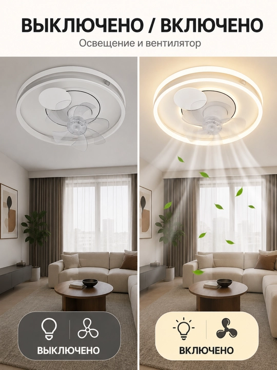 Потолочная LED люстра-вентилятор с пультом, до 20 м² освещения