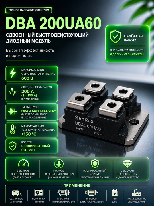 Сдвоенный диодный модуль DBA200UA60 200A 600V силовой выпрямительный диод - 