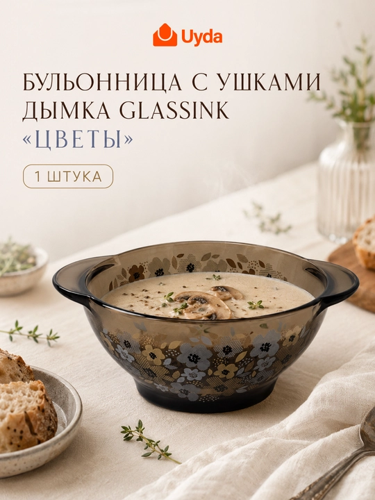 Бульонница с ушками Цветы Дымка 510 мл супница пиала для бульона супа стеклянная