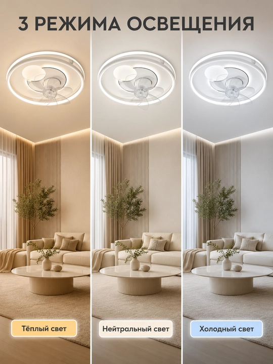 Потолочная LED люстра-вентилятор с пультом, до 20 м² освещения