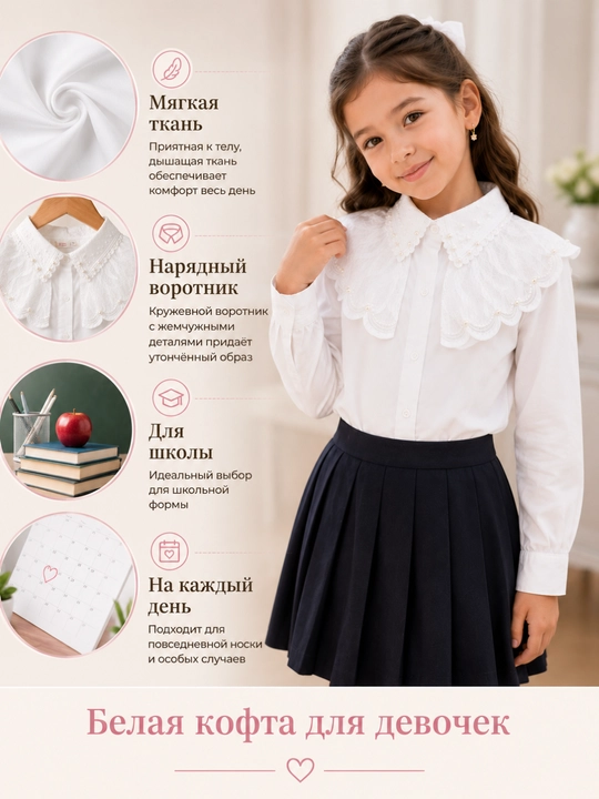 Белая школьная блузка для девочки, белая блузка, школьная рубашка, школьная форма