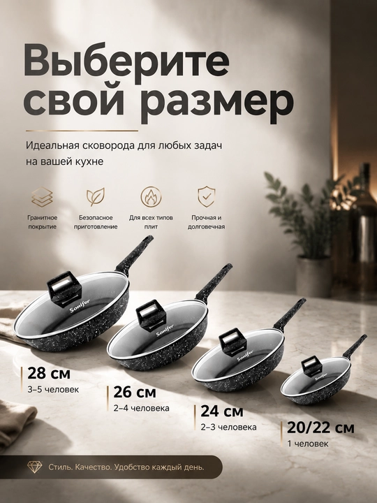 Алюминиевая сковорода с гранитным покрытием, для всех плит - 
