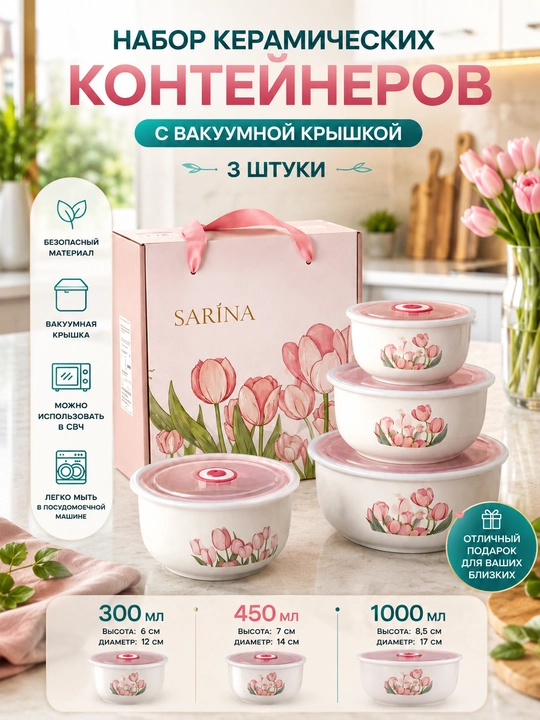 Набор керамических мисок с крышками Lemon, 3 шт, контейнеры для хранения продуктов - 