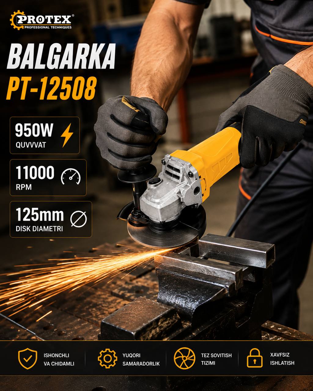 PROTEX PT-12508 burchakli silliqlash mashinasi (Bolgarka), 950W, 125 mm